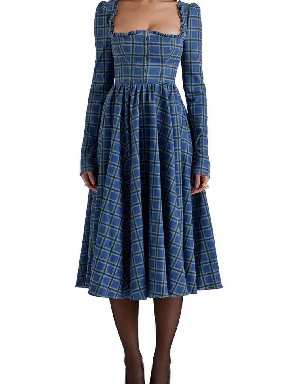 House of CB Blue Delia Plaid Square-Neck Long-Sleeve Midi Dress size medium